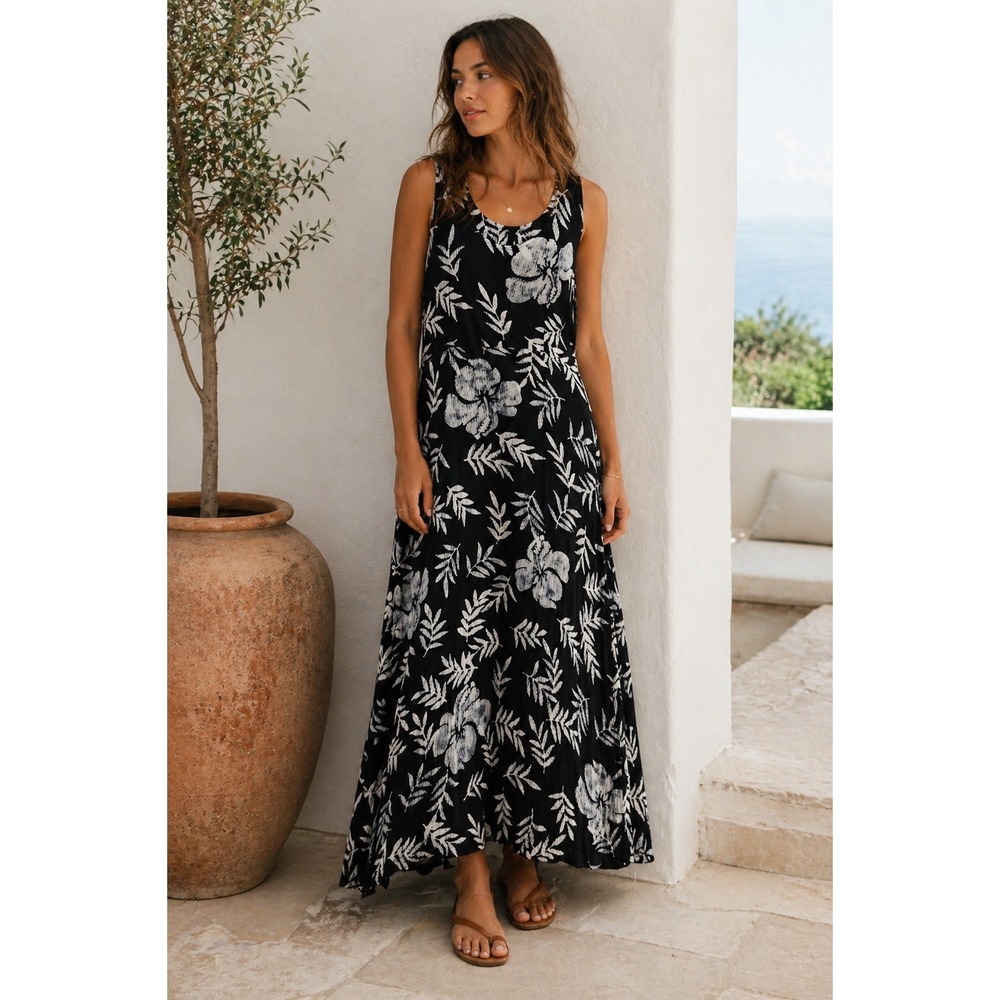 Vtg Back East Maxi Dress Sz P (XS) Black Floral Tropical Crinkle Coastal Grandma